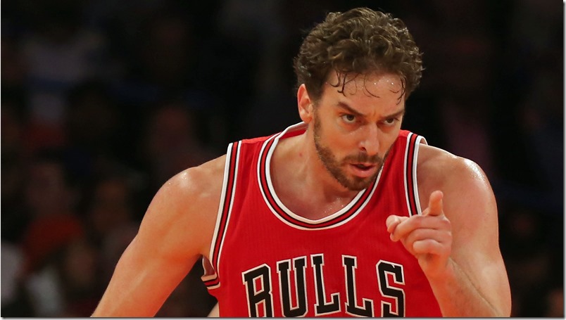 Oct 29, 2014; New York, NY, USA; Chicago Bulls forward Pau Gasol (16) reacts after scoring a basket against the New York Knicks during the third quarter at Madison Square Garden. Mandatory Credit: Adam Hunger-USA TODAY Sports